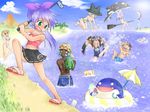  5girls angry artist_request beach bikini black_hair blonde_hair brown_hair cadie cecilia_(pangya) day dolfini green_eyes green_hair hana_(pangya) innertube kooh male_swimwear multiple_boys multiple_girls ocean one-piece_swimsuit pangya ponytail purple_hair quma sandals school_swimsuit skirt summer sunglasses swim_trunks swimsuit swimwear tiki twintails umbrella 