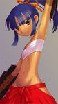  aonori armpits blue_hair brown_eyes bushidou_(sekaiju) dark_skin flat_chest groin hair_ribbon hakama japanese_clothes navel no_shirt ponytail red_hakama ribbon sarashi sekaiju_no_meikyuu short_hair skinny solo 