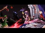  bad_id bad_pixiv_id battle blood crossover flandre_scarlet flying godzilla godzilla_(series) highres himegami_shino hong_meiling izayoi_sakuya kaijuu letterboxed multiple_girls patchouli_knowledge remilia_scarlet touhou wings 