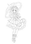  ankle_lace-up bow cross-laced_footwear dress frills gothic_lolita greyscale hairband lineart lolita_fashion lolita_hairband long_hair monochrome original parasol skirt skirt_lift solo umbrella yukiwo 