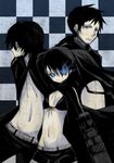  2boys bad_id bad_pixiv_id black_hair black_rock_shooter black_rock_shooter_(character) black_rock_shooter_(character)_(cosplay) burning_eye checkered checkered_background cosplay crossover death_note kasuga_ayumu_(haruhipo) kyon l_(death_note) long_hair matching_outfit multiple_boys navel parody simple_background skinny suzumiya_haruhi_no_yuuutsu white_skin 