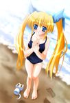  barefoot beach black_school_swimsuit blonde_hair blue_eyes blush cat da_capo da_capo_i feet one-piece_swimsuit otoki_raku school_swimsuit solo swimsuit twintails yoshino_sakura 