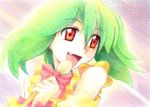  :d bare_shoulders blush close-up detached_sleeves eyebrows_visible_through_hair face fang gofu green_hair hair_between_eyes holding holding_microphone looking_to_the_side macross macross_frontier microphone multicolored multicolored_background music open_mouth ranka_lee red_eyes short_hair singing smile solo tareme traditional_media upper_body 