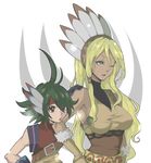  1girl akishima_kei blonde_hair breasts fantasy green_hair large_breasts long_hair lowres one_eye_closed original red_eyes short_hair 