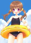  :d bare_shoulders blue_sky brown_hair cloud cowboy_shot day fang flat_chest innertube jpeg_artifacts long_hair meito_(maze) one-piece_swimsuit open_mouth original purple_eyes school_swimsuit sky smile solo swimsuit twintails wet 