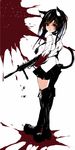  animal_ears assault_rifle bad_id bad_pixiv_id black_hair blood blood_splatter boots cat_ears cat_tail gun highres long_hair looking_back magaeshi necktie original pleated_skirt red_eyes rifle shell_casing sketch skirt solo tail thigh_boots thighhighs weapon 