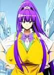  1girl breasts eiken gigantic_breasts huge_breasts long_hair misono_kirika nipples ponytail purple_eyes purple_hair smile very_long_hair 