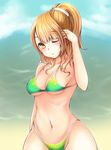  bad_id bad_pixiv_id bikini blonde_hair brown_eyes ginji74 highleg highleg_bikini highleg_swimsuit long_hair one_eye_closed original ponytail smile solo swimsuit 