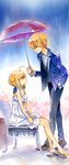  1girl ahoge arnoul artoria_pendragon_(all) bad_id bad_pixiv_id barefoot blonde_hair chair dress fate/zero fate_(series) formal gilgamesh hair_ribbon highres holding holding_umbrella looking_at_another rain red_eyes ribbon saber shared_umbrella sitting standing suit umbrella 