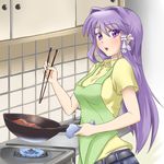  apron chopsticks clannad cooking frying_pan fujibayashi_kyou highres long_hair purple_eyes purple_hair rabinidaddo solo 