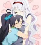  black_hair earrings ganaha_hibiki grey_hair hairband heart hug idolmaster idolmaster_(classic) jewelry long_hair multiple_girls ponytail potesara ribbon shijou_takane smile 