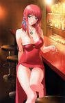  absurdres amanogawa_subaru amulet areola_slip areolae arm_behind_back bangs bar bar_stool bare_legs bare_shoulders black_panties blue_eyes blurry blush breasts cleavage dress drink drunk earrings grin hair_ribbon highres holding indoors jewelry lace lace-trimmed_panties large_breasts leg_lift lips long_dress long_hair looking_at_viewer majodou martini necklace official_art panties pantyshot pantyshot_(sitting) parted_lips pendant photo_background red_dress red_hair ribbon sano_toshihide scan side_slit sidelocks sitting smile solo sparkle stool strap_slip underwear wardrobe_malfunction wide_hips 