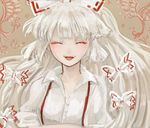  ^_^ bow closed_eyes fujiwara_no_mokou hair_bow katari long_hair open_mouth puffy_sleeves short_sleeves smile solo suspenders touhou white_hair 