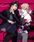  barnaby_brooks_jr belt blonde_hair bracelet brown_eyes brown_hair cigarette cuffs facial_hair glasses green_eyes handcuffs jacket jewelry kaburagi_t_kotetsu male_focus multiple_boys necktie one_eye_closed police red_jacket ring stubble studded_belt tiger_&amp;_bunny watch wristwatch yui_(nightflight) 