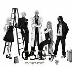  3boys archer avenger caren_hortensia crimo csi dress fate/extra fate/hollow_ataraxia fate/stay_night fate_(series) formal glasses greyscale hair_over_one_eye hood hoodie labcoat long_hair monochrome multiple_boys multiple_girls necktie parody rider robin_hood_(fate) suit 