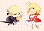  ahoge arnoul artoria_pendragon_(all) bad_id bad_pixiv_id blonde_hair breasts chibi cleavage dark_excalibur dress epaulettes fate/extra fate/hollow_ataraxia fate_(series) food gothic_lolita green_eyes hair_ribbon hamburger lolita_fashion medium_breasts multiple_girls nero_claudius_(fate) nero_claudius_(fate)_(all) ribbon saber_alter see-through sword weapon yellow_eyes 