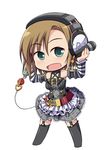  bad_id bad_pixiv_id bare_shoulders brown_hair celebi_ryousangata chibi cuffs green_eyes handcuffs headphones idolmaster idolmaster_cinderella_girls microphone open_mouth short_hair smile solo standing tada_riina thighhighs 