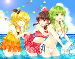  ball beachball bikini blonde_hair breast_grab breasts brown_hair cleavage closed_eyes frills frog_hair_ornament fuusha grabbing green_eyes green_hair grin hair_ornament hair_tubes hakurei_reimu hat kirisame_marisa kochiya_sanae long_hair medium_breasts multiple_girls navel open_mouth red_bikini red_eyes short_hair side-tie_bikini side_ponytail skirt skirt_lift smile snake star sun swimsuit touhou white_bikini 