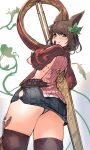  1girl :3 animal_ears ass black_legwear blush brown_eyes brown_hair erune eyebrows_visible_through_hair finger_to_mouth from_behind from_below ganesagi gloves granblue_fantasy hair_ornament highres la_coiffe_(granblue_fantasy) leaf_hair_ornament looking_at_viewer looking_back miniskirt panties puffy_sleeves scissors short_sleeves skirt solo thighhighs underwear white_background 
