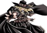  alternate_costume belt black_gloves blonde_hair buckle cape cowboy_hat fingerless_gloves fringe_trim gloves hair_ornament hat highres kirisame_marisa koumajou_densetsu long_hair looking_at_viewer outstretched_arms outstretched_hand serious simple_background solo spread_arms touhou western white_background yellow_eyes yoiti 