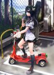  bag black_hair chain-link_fence drinking fence goggles goggles_on_headwear ground_vehicle guitar_case hat helmet instrument_case kneehighs long_hair long_legs miniskirt motor_vehicle original rezi shirt shoes skirt sneakers solo white_shirt 