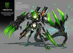 armor caffeine claws gia green_hair gun mecha_musume monster_energy open_mouth orange_eyes original personification product_placement robotic_legs short_hair solo sword weapon 