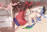  bad_id bad_pixiv_id barefoot blue_hair blurry brown_hair closed_eyes depth_of_field fan food fruit girl_on_top hair_tubes hakurei_reimu hat hat_removed headwear_removed hinanawi_tenshi long_hair lying multiple_girls on_back on_floor open_clothes open_shirt outstretched_arms peach petals ran_(pixiv2957827) shirt spread_arms straddling touhou yuri 