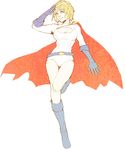  1girl bare_legs belt blonde_hair blue_eyes blue_footwear boots breasts cape cleavage cleavage_cutout dc_comics full_body gloves knee_boots large_breasts leotard power_girl red_cape salute simple_background solo superhero white_background 