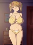  1girl belly blonde_hair blush bra breasts cleavage embarrassed haha_musume_donburi haha_musume_donburi_oppai_tokumori_bonyuu_shiru_dakude hair_ribbon highres huge_breasts indoors kabushikigaisha_toranoana kaneko_hiraku kirin999 large_breasts looking_away muffin_top oyakodon oyakodon_oppai_tokumori_bonyuu_shirudaku_de oyakodon_oppai_tokumori_bonyuu_tsuyudaku_de panties pig_tails plump polka_dot ribbon rumi_(haha_musume_donburi) rumi_(haha_musume_donburi_oppai) short_twintails skindentation solo standing toranoana twintails underwear 