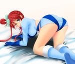  ass bent_over blue_eyes blush boots breasts fuuro_(pokemon) gym_leader midriff pokemon pokemon_(game) pokemon_bw red_hair shorts 