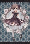  absurdres blue_eyes bow brown_hair card copyright_request dress frilled_dress frills grey_legwear hair_bow highres inugami_kira off_shoulder playing_card shoes solo thighhighs twintails 