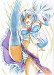  absurdres axe_kick breasts colored_pencil_(medium) detached_sleeves flexible hat high_kick highres inubashiri_momiji kicking kitazinger large_breasts legs open_mouth panties pantyshot red_eyes short_hair silver_hair solo striped striped_panties tokin_hat touhou traditional_media underwear 