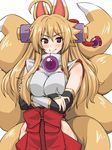  ahoge animal_ears blonde_hair blush breasts crossed_arms fox_ears fox_tail huge_breasts inu1tou izuna_(shinrabanshou) large_breasts long_hair multiple_tails no_panties red_eyes shinrabanshou simple_background smile solo tail white_background 