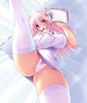  :o blush breasts cameltoe clipboard commentary_request from_below groin hat headphones highres large_breasts leg_up long_hair looking_at_viewer nitroplus nurse nurse_cap open_mouth panties pink_eyes pink_hair scatter_milk skindentation solo super_sonico thighhighs thighs underwear 