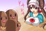  blue_eyes blush breasts brown_hair buried double_bun dugtrio gen_1_pokemon large_breasts long_hair mei_(pokemon) nishi_koutarou open_mouth pokemon pokemon_(creature) pokemon_(game) pokemon_bw2 raglan_sleeves twintails visor_cap 