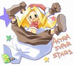  astra_super_stars bag blonde_hair clenched_hands copyright_name full_body gift gloves grey_eyes hat long_hair pants raised_fists rouge_(astra_super_stars) sack santa_hat shoes smile solo spread_legs tatata white_background 
