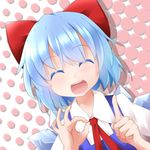  :d blue_hair blush bow cirno closed_eyes dutch_angle hair_bow hair_ornament halftone halftone_background hand_gesture highres hiro_(pqtks113) index_finger_raised ok_sign open_mouth short_hair smile solo touhou wings 