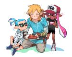  1girl 2boys blonde_hair blue_eyes blue_hair blush curry dark_skin earrings eyes_closed fang fingerless_gloves food glasses gloves hakinikui_kutsu_no_mise hat holding inkling jewelry link long_hair male_focus multiple_boys nintendo open_mouth pink_hair pointy_ears ponytail shirt shoes smile splatoon splatoon_(series) splatoon_2 super_smash_bros. super_smash_bros._ultimate tentacle_hair the_legend_of_zelda the_legend_of_zelda:_breath_of_the_wild 