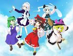  anime_coloring bow broom broom_riding cloud day dual_wielding full_body gohei hair_bow hakurei_reimu hat holding izayoi_sakuya kirisame_marisa kochiya_sanae konpaku_youmu konpaku_youmu_(ghost) long_skirt mdnk multiple_girls official_style oota_jun'ya_(style) pocket_watch skirt skirt_set sky sword touhou watch weapon witch witch_hat 