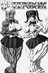  2girls abs absurdres bow braid braids extreme_muscles fang highres interlocked_fingers looking_at_viewer monochrome multiple_girls nwa purukogi purukogi_(plasma_beach) simple_background skirt thick_thighs thighs 