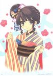  black_eyes brown_hair drill_hair flower hair_flower hair_ornament highres itou_noiji japanese_clothes kimono looking_at_viewer non-web_source original scan smile solo twin_drills twintails 
