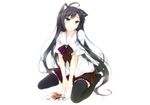  1girl ahoge animal_ears black_hair blue_eyes character_request food fruit long_hair meal meat no_background school_uniform simple_background sitting skirt source_request tail thighhighs very_long_hair zettai_ryouiki 