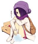  aki_(mare_desiderii) backpack bag bow box frown hair_over_one_eye hat jacket kami_nomi_zo_shiru_sekai kurakawa_akari leg_hug pleated_skirt purple_eyes purple_hair purple_scarf roco-chan scarf short_hair sitting skirt smiley_face socks solo spirit translated 