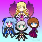  armor blonde_hair blue_eyes blue_hair blush bow brown_hair cape chibi crossed_arms fingerless_gloves gloves gradient gradient_background green_eyes grey_hair grin hair_ribbon long_hair lyrical_nanoha mahou_shoujo_lyrical_nanoha mahou_shoujo_lyrical_nanoha_a's mahou_shoujo_lyrical_nanoha_a's_portable:_the_gears_of_destiny material-d material-l material-s midriff momotensi multicolored_hair multiple_girls navel open_mouth puffy_pants puffy_sleeves purple_eyes ribbon short_hair skirt smile thighhighs twintails u-d very_long_hair wide_sleeves wings yellow_eyes 