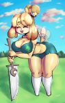  2018 animal_crossing anthro bell bent_over big_breasts blonde_hair bra breasts canine cleavage clothed clothing cloud collar dog dropletoid eyes_closed female grass hair hairband holding_object holding_weapon isabelle_(animal_crossing) mammal melee_weapon motion_blur nintendo outside shih_tzu short_hair sky smile solo sword tailwag thick_thighs tongue tongue_out tree underwear video_games weapon 