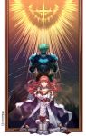  1boy 1girl alm_(fire_emblem) armor back cape celica_(fire_emblem) dress earrings fingerless_gloves fire_emblem fire_emblem_echoes:_mou_hitori_no_eiyuuou gloves green_hair headband highres jewelry long_hair looking_at_viewer nintendo open_mouth red_eyes red_hair sad sh06512223 short_hair simple_background thighhighs tiara 