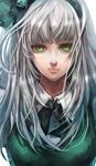  alternate_hair_length alternate_hairstyle bad_id bad_pixiv_id bangs blunt_bangs bouryoku_koguma bow bowtie close-up expressionless floating_hair green_eyes hairband konpaku_youmu lips long_hair older solo staring touhou upper_body 