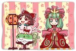  :3 alternate_costume aqua_eyes blush bow emu_(toran) ex-keine fan frills green_hair hair_bow hair_ornament hair_ribbon hair_tubes hakurei_reimu hinamatsuri horn horn_ribbon horns japanese_clothes kaenbyou_rin kaenbyou_rin_(cat) kagiyama_hina kamishirasawa_keine kamishirasawa_keine_(hakutaku) long_hair long_sleeves looking_at_viewer multiple_tails red_eyes ribbon saishi solid_circle_eyes striped striped_background sukusuku_hakutaku tail touhou wide_sleeves yukkuri_shiteitte_ne 