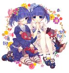  :d blue_eyes blue_hair bow bug butterfly cecile_(magdala_na_maria) eyepatch flower hair_flower hair_ornament hands_together hat hat_bow heart heart_necklace highres insect jewelry kneehighs looking_at_viewer magdala_na_maria md5_mismatch moriyama_shijimi multiple_girls necklace open_mouth skirt smile striped striped_legwear stuffed_animal stuffed_toy teddy_bear thighhighs twintails white_legwear 