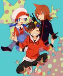  2boys bad_id bad_pixiv_id bangs baseball_cap black_hair blue_background blue_eyes blue_hair blush crystal_(pokemon) gloves goggles goggles_on_head gold_(pokemon) grey_eyes hat multiple_boys pokemon pokemon_special pokke-pokke-pinoko silver_(pokemon) sitting smile star twintails v 